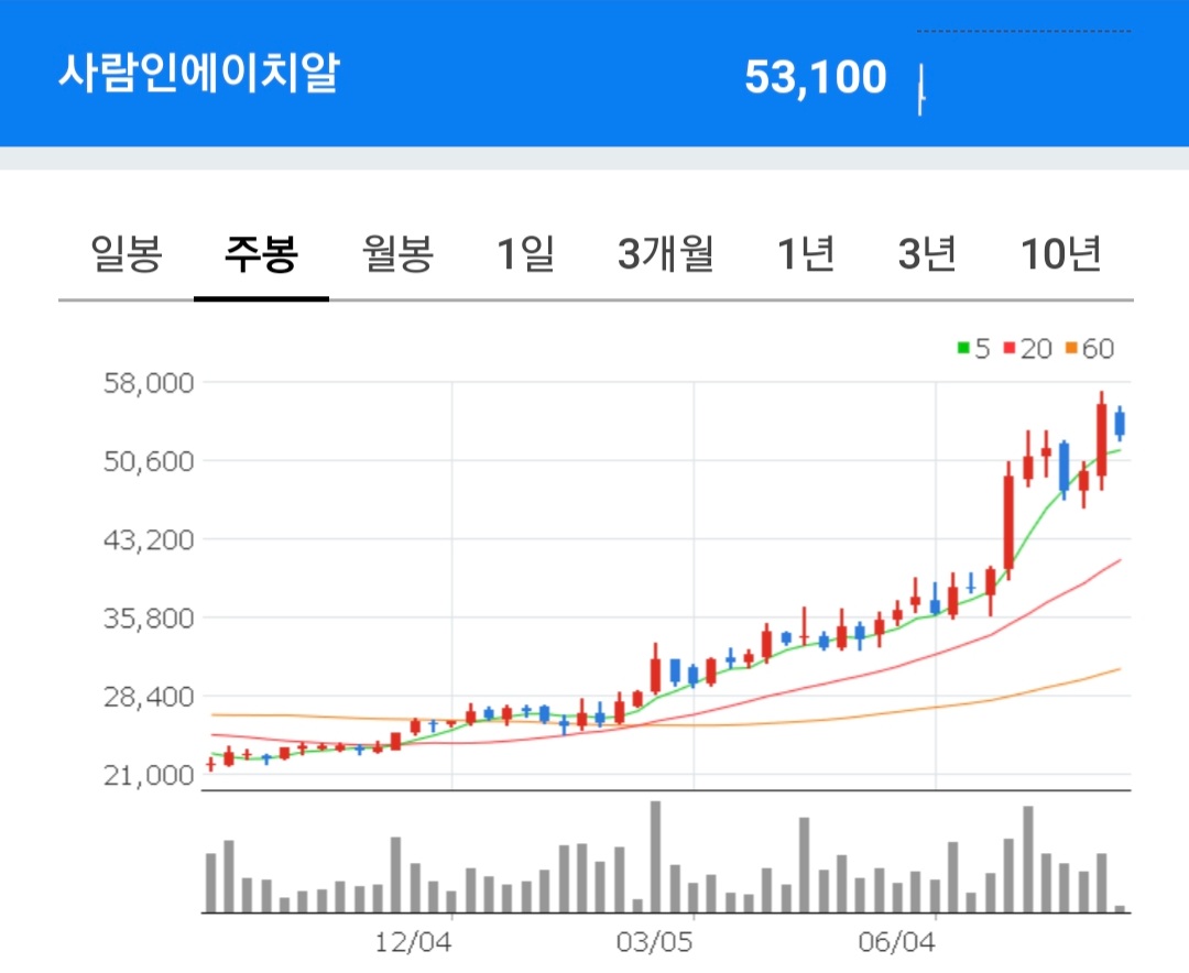 사람인에이치알 종목 주봉차트