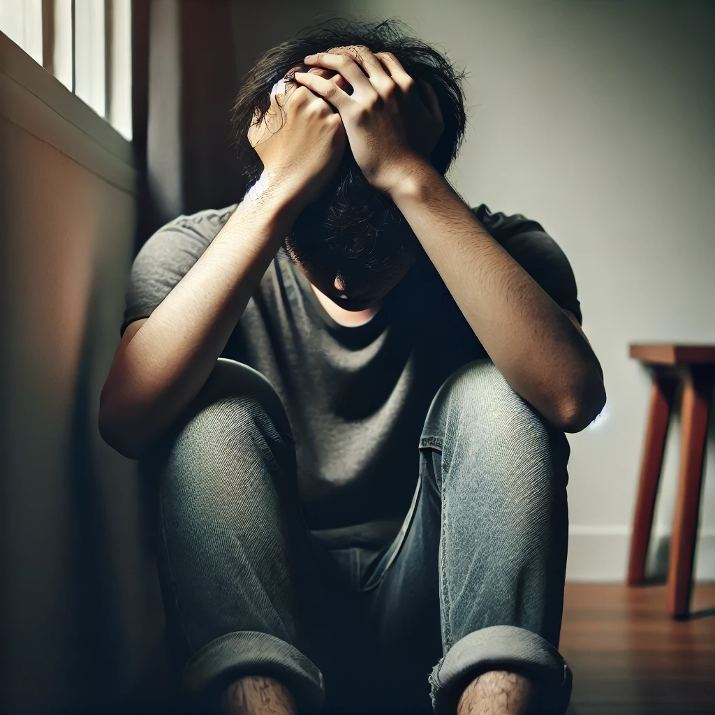 방에서 머리를 감싸 쥐고 고민하는 사람, 감정 기복으로 인한 스트레스와 혼란을 표현