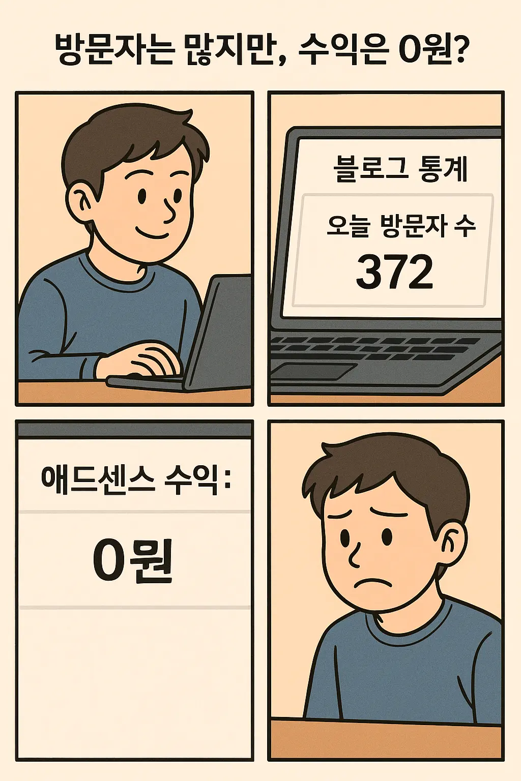 블로그 방문자는 많지만 수익은 전혀 나지 않아 실망하는 주인공의 표정을 보여주는 장면