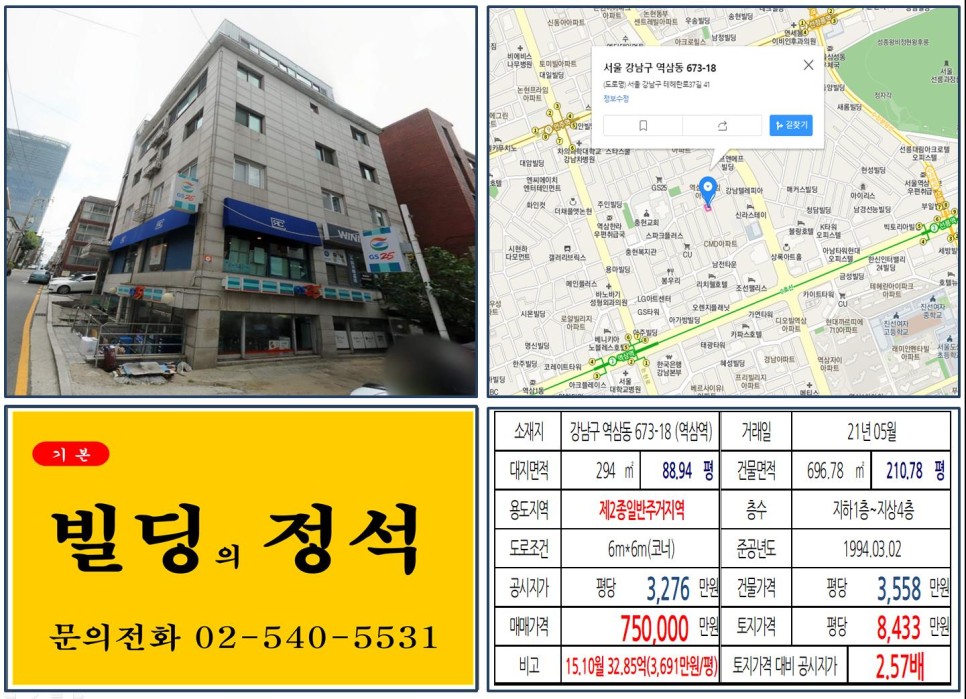  [강남구 역삼동 70억 꼬마빌딩 실거래가 조회] 역삼동 673-18 (역삼역) 75억 원, 평당 8,433만 원 매매되었습니다.