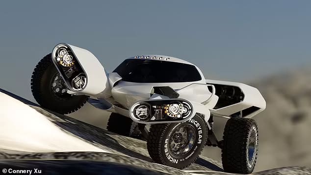  울퉁불퉁한 지형 적응 위해 차체와 바퀴가 자동 비틀어지는 오프로드카 Is this the future of off-roading? Bizarre electric concept car 'The Huntress' has wheels
