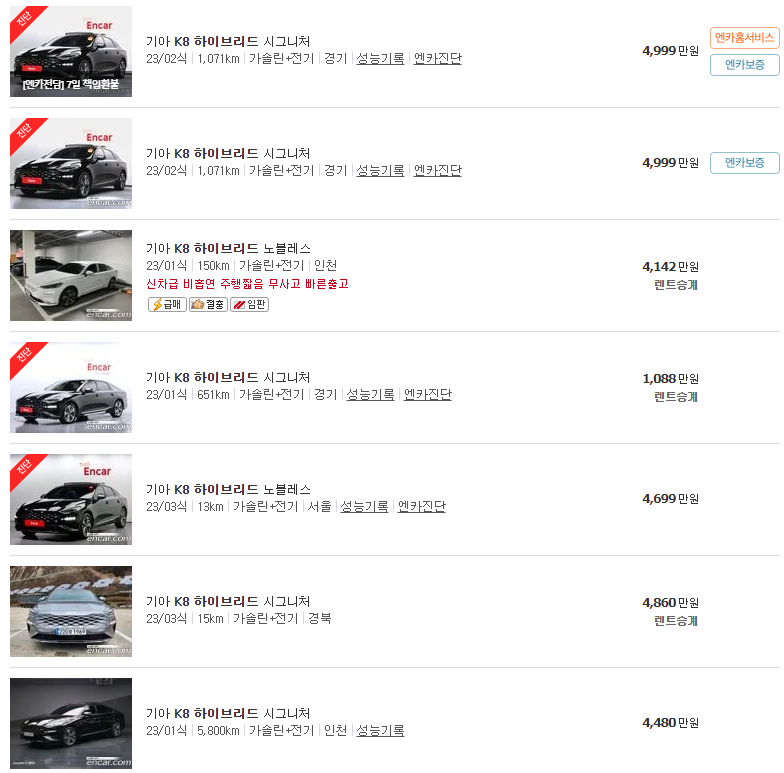 2023년식 K8 하이브리드 중고차 가격