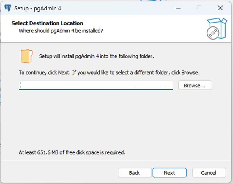 pgAdmin 설치시 설치위치 지정화면
