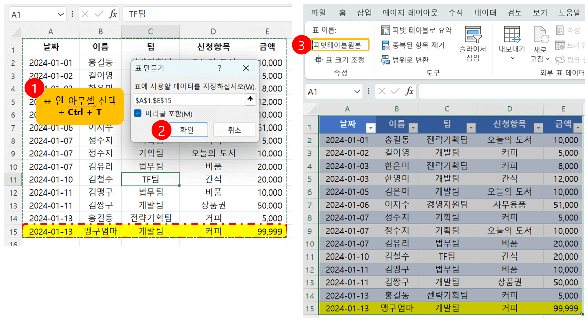 피벗테이블-행-열-변동