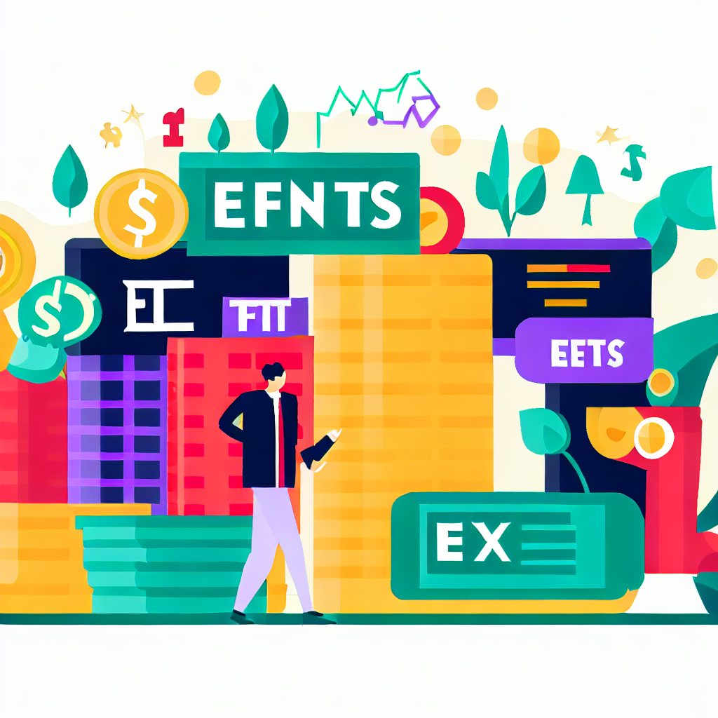 Create a flat vector style illustration of various ETFs and index funds representing diverse and low-cost investment.