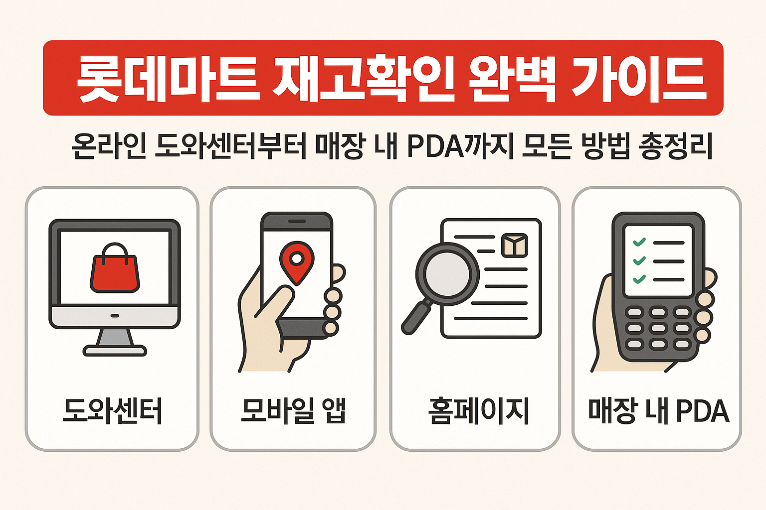 롯데마트 재고확인 방법을 보여주는 스마트폰 화면과 쇼핑카트가 있는 대형마트 내부 모습
