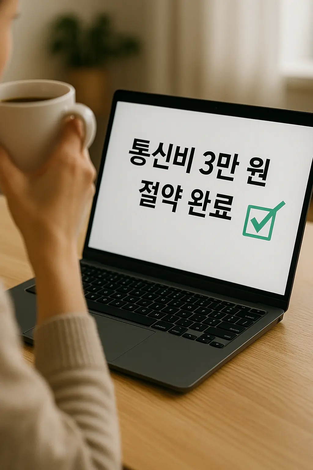 커피를 마시며 노트북 화면에 ‘통신비 3만 원 절약 완료’ 문구를 체크 표시하는 사람의 모습.