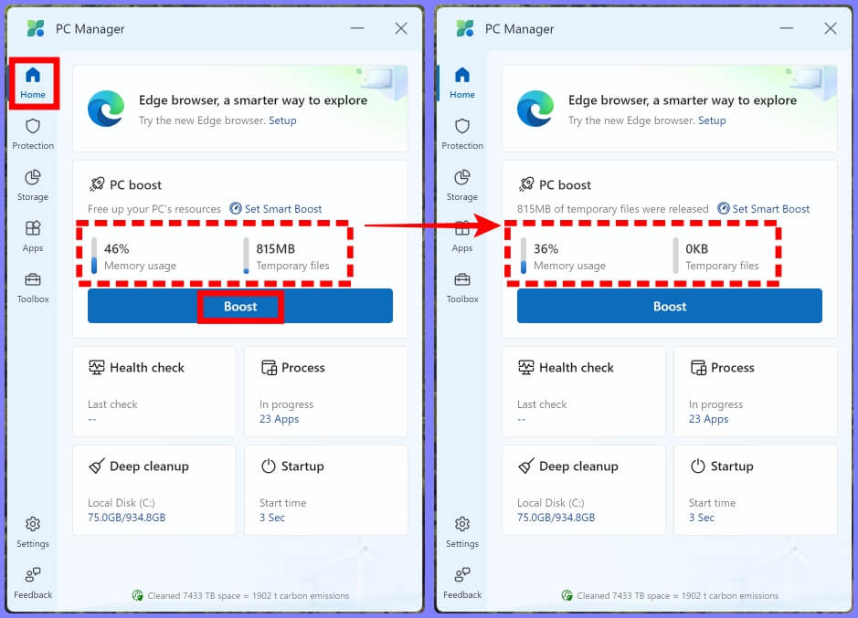 마이크로소프트 PC 매니저 메모리 및 임시파일 정리 삭제 방법