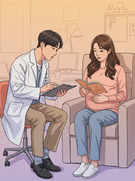 병원 의사에게 상담받는 여성 임산부 모습 일러스트
