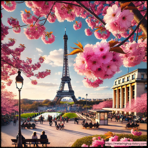 프랑스 파리(Paris) 에펠탑을 배경으로 한 벚꽃 풍경