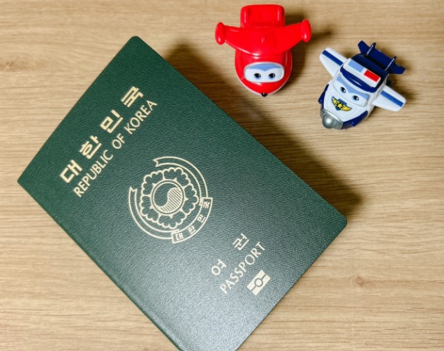 여권이 갈색 바닥위에 놓여져 있다.