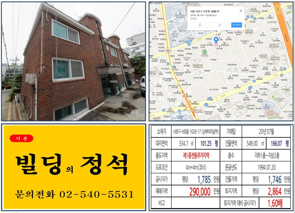  [서초구 서울교대 20억 코너빌딩 실거래가 조회] 서초동 1628-17 (남부터미널역) 29억 원, 평당 2,864만 원 매매되었습니다.
