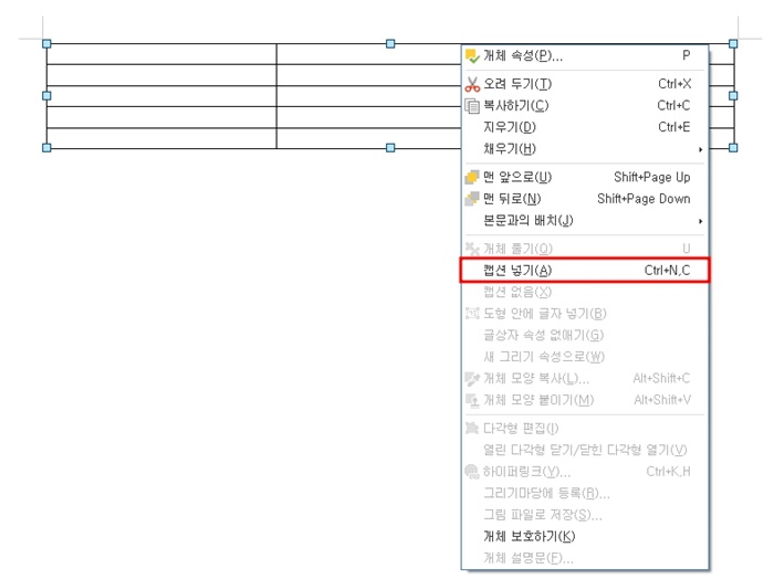 마우스 오른쪽 버튼으로 캡션 넣기