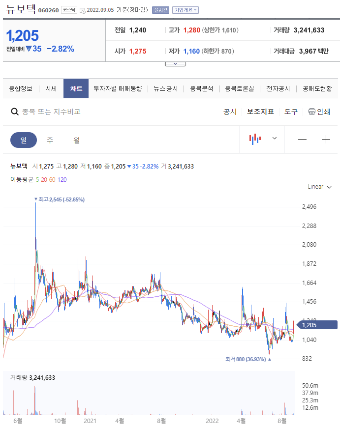 뉴보텍 일봉 차트