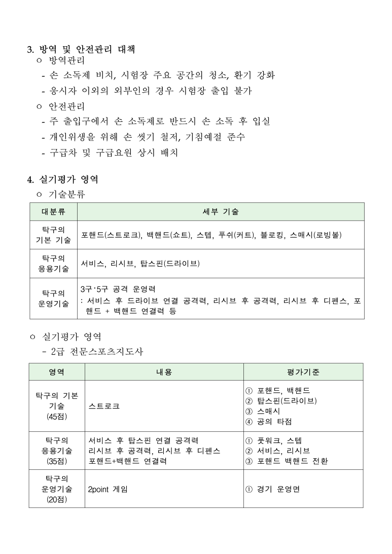 탁구 실기 시험 체계