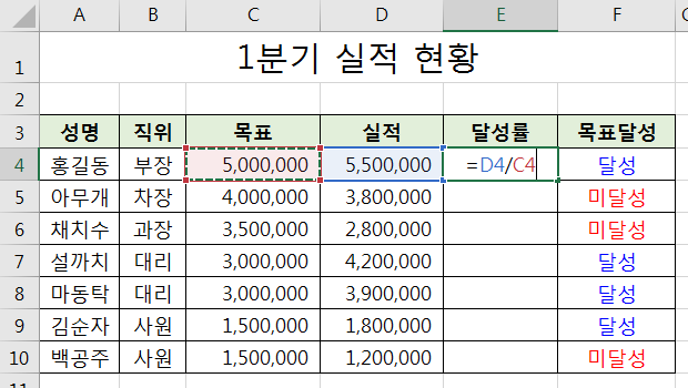 달성률 계산식을 입력하는 모습