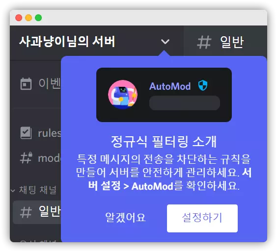 AutoMod 정규식 필터링 소개 화면