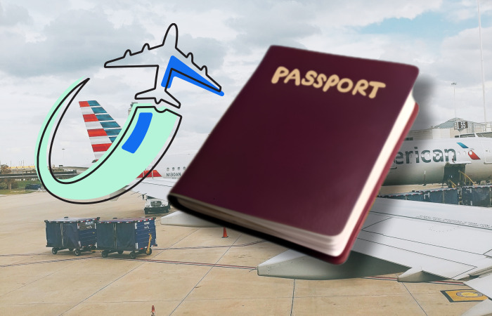 아메리칸항공사-비행기-배경의-여권-하나