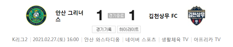  K리그2 / 국내축구 - 안산 VS 김천 (1 - 1) 2021시즌 1라운드 하이라이트 (2021년 2월 27일)