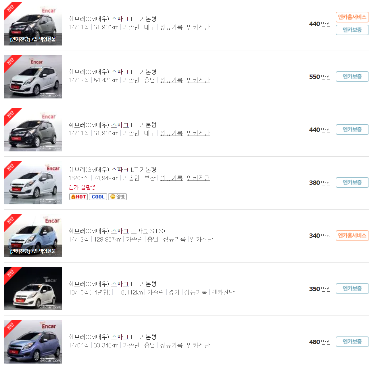 2011~2015년식 스파크 중고차 가격