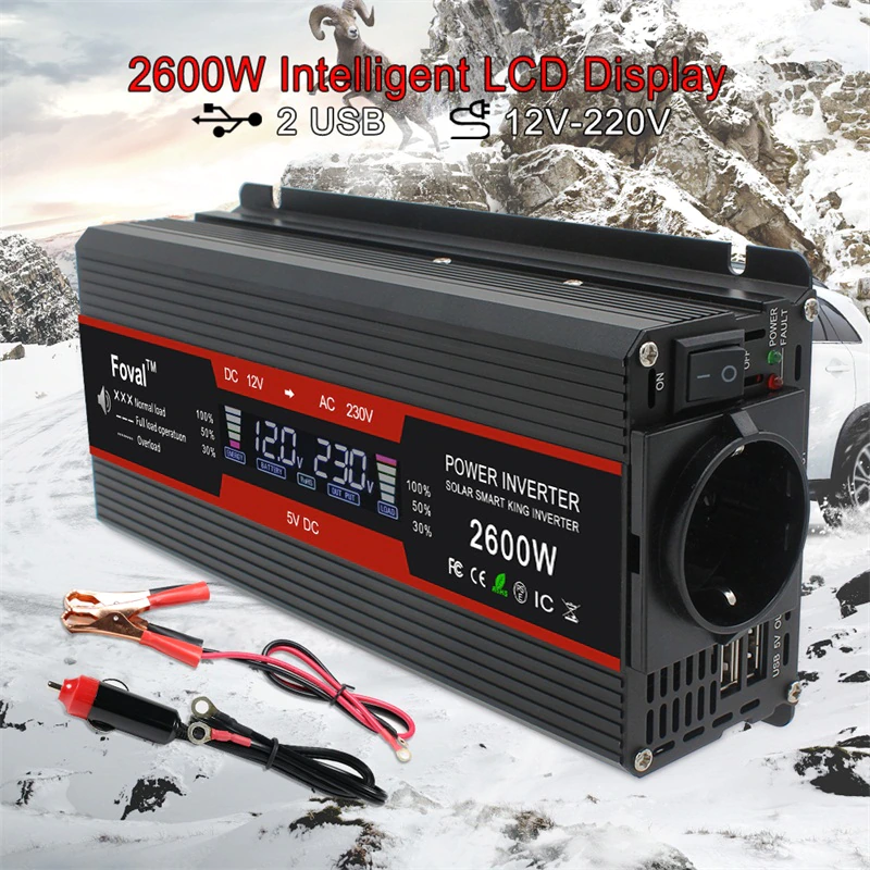  1500W/2000W/2600W 파워 인버터, 변형 사인 파, LCD 디스플레이, 직류 12V, 교류 220V, 태양열 USB 2개, 차량 변압기 컨버트, EU 소켓