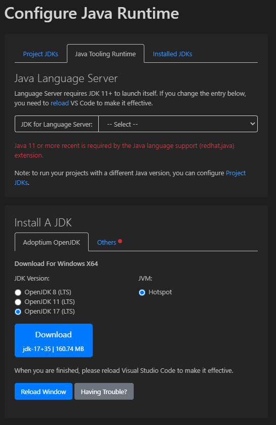 [ vscode - JAVA ] Java 11 or more recent is required to run the Java ...