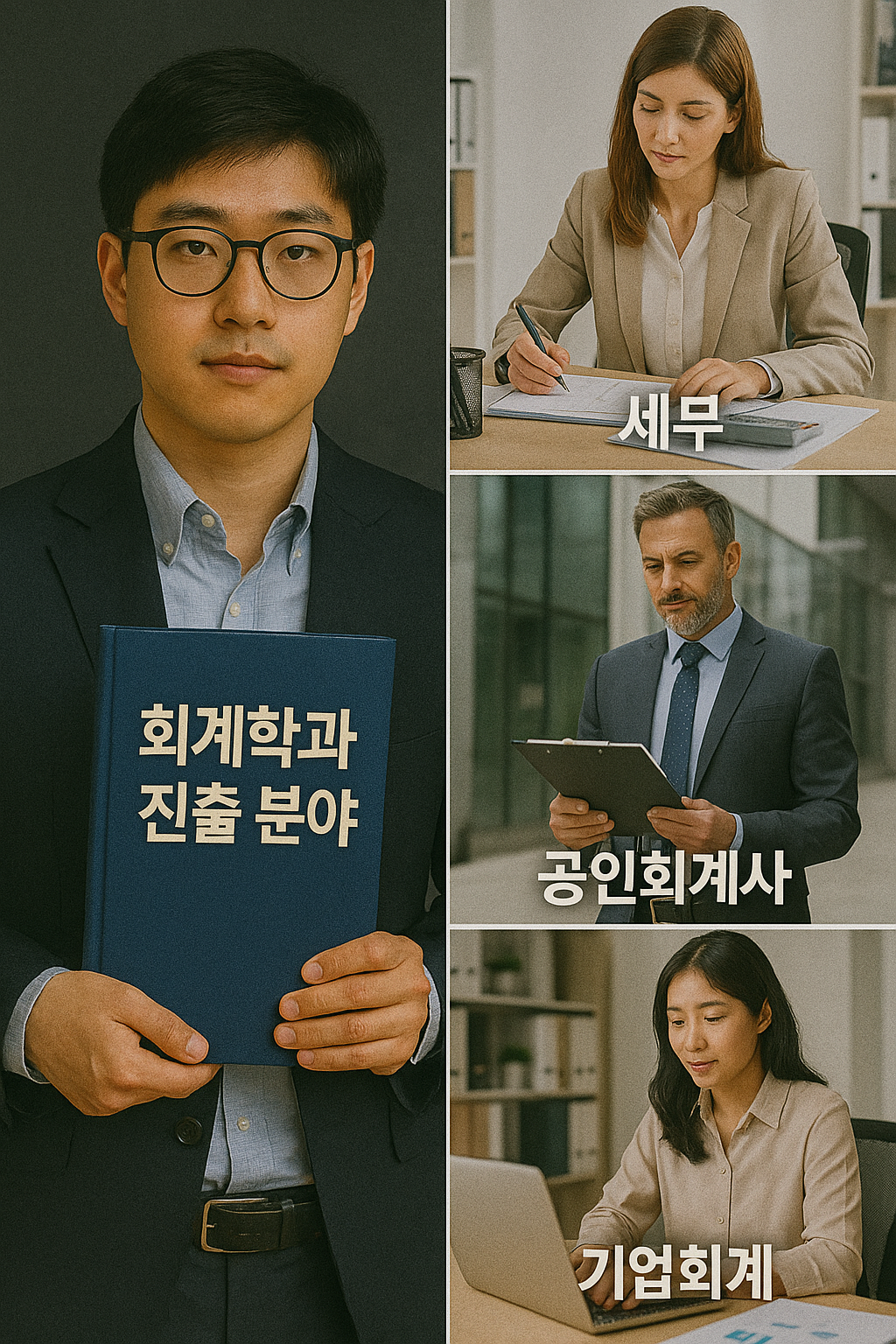 회계학과 진출 분야를 소개하는 이미지로, 중심에는 '회계학과 진출 분야' 책을 든 남성이 있으며, 오른쪽에는 세무, 공인회계사, 기업회계 직무에 종사하는 전문가들이 각각의 환경에서 일하는 모습