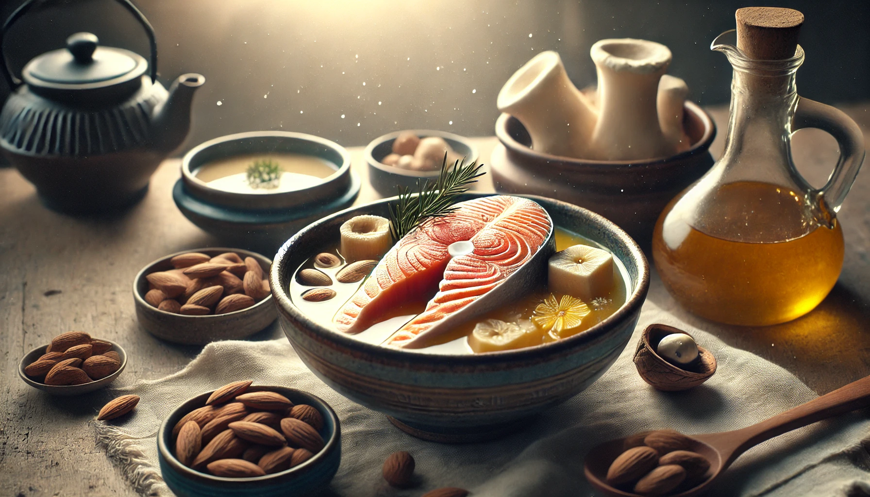 곰탕, 연어, 견과류가 담긴 균형 잡힌 건강 식단을 촬영한 초현실적 사진