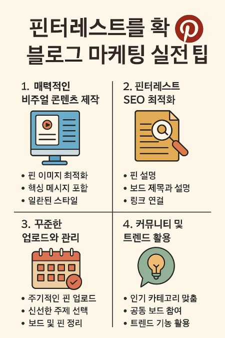 핀터레스트를 활용한 블로그 마케팅 실전 팁을 한국어로 정리한 인포그래픽, 매력적인 비주얼 제작, SEO 최적화, 꾸준한 업로드, 커뮤니티 활용을 네 개의 섹션으로 나눈 이미지.