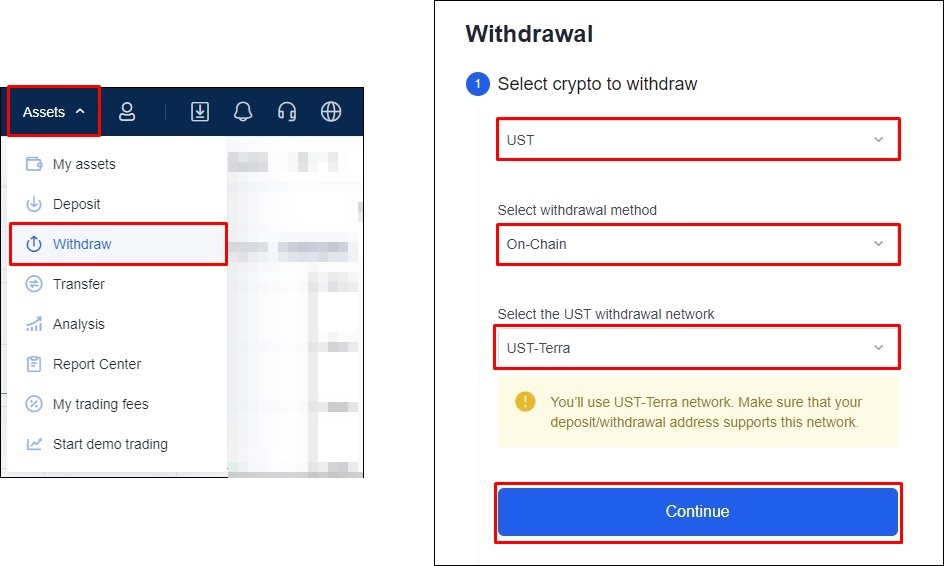 Withdraw 버튼에 빨간 네모박스와 우측 출금 화면에서 전송 방법을 지정하는 사진