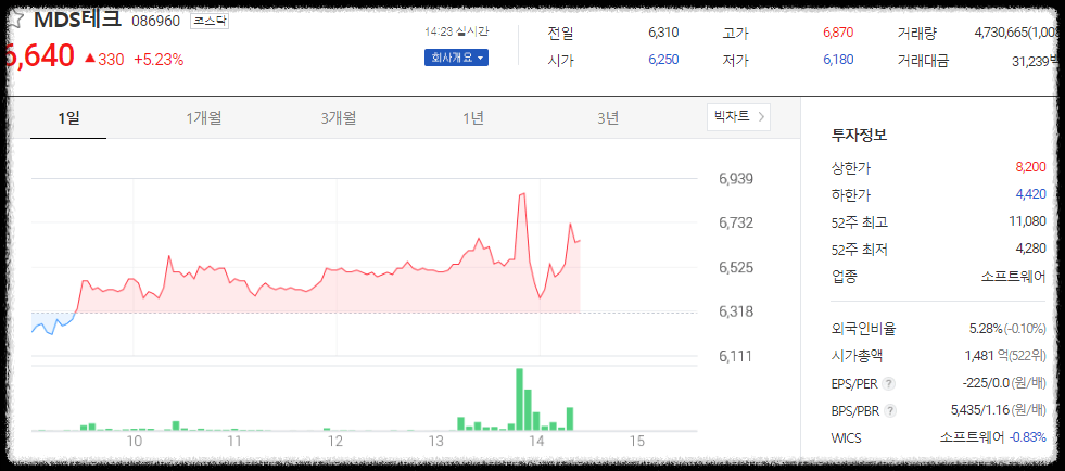 MDS테크의 현재까지 차트와 간단한 회사 설명