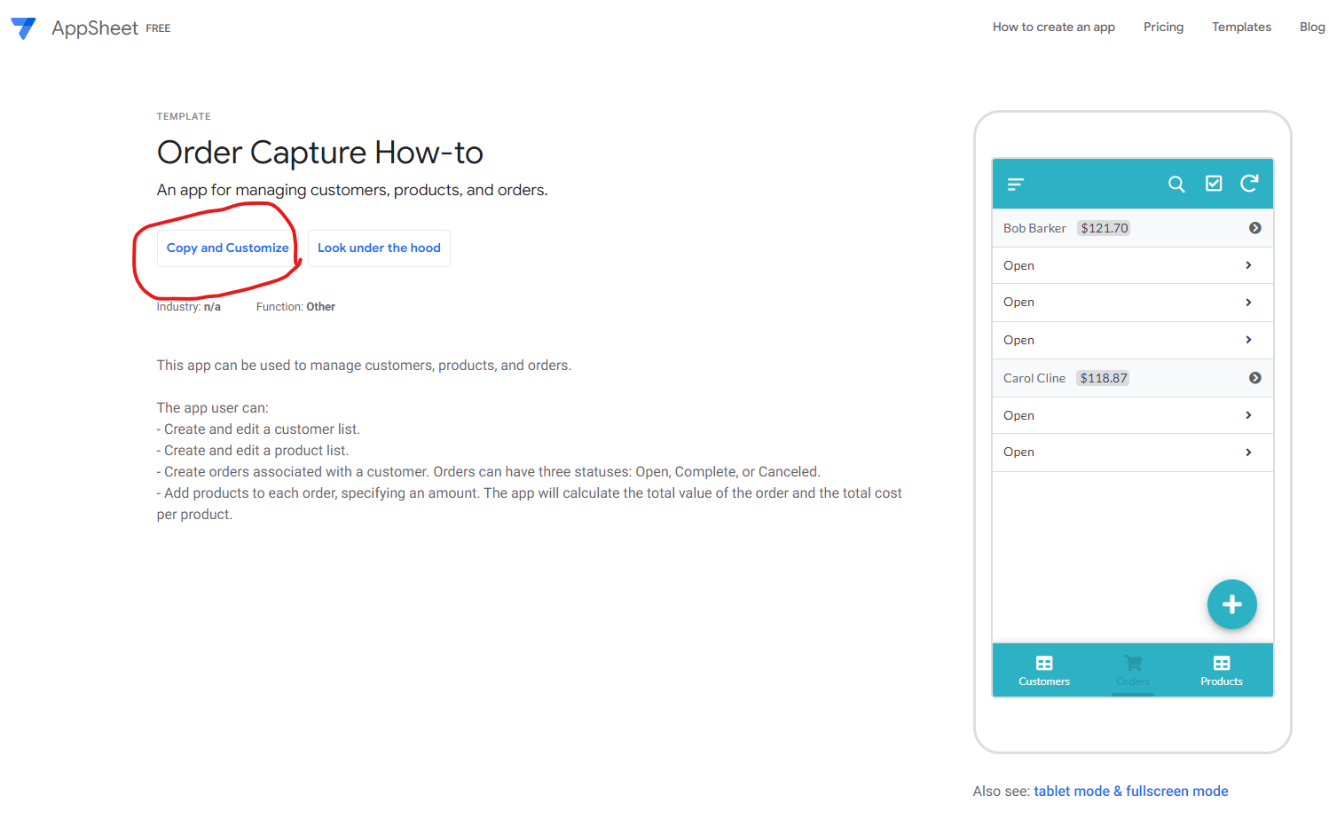 AppSheet template 을 본인에게 맞게 수정하기 위해 "Copy and Customize" 클릭