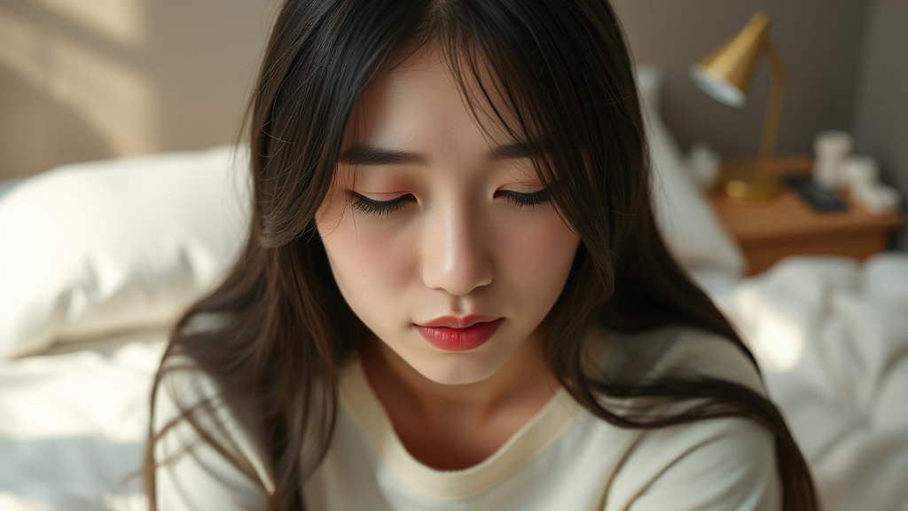 침대에 앉아 피곤해 보이는 여성