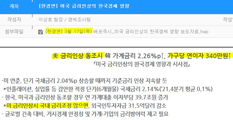 한경연-미국 금리인상의 한국경제의 영향
