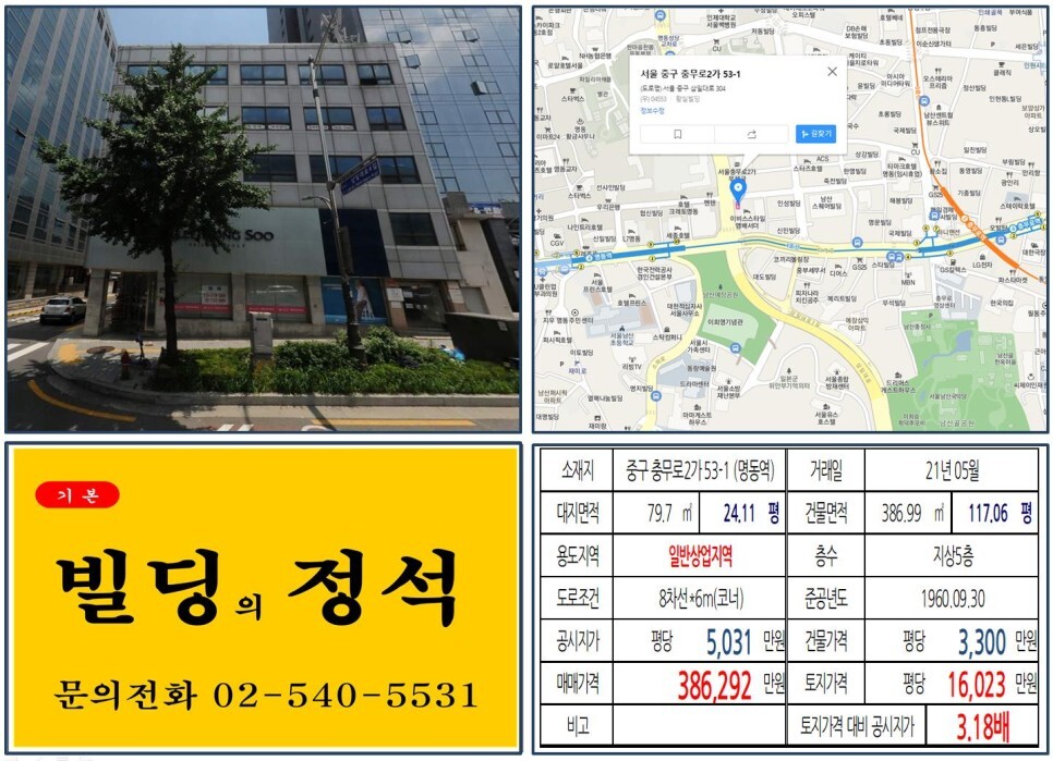 [중구 퇴계로 30억 꼬마빌딩 실거래가 조회] 충무로2가 53-1 (명동역) 38억 6,292만 원, 평당 1억 6,023만 원 매매되었습니다.
