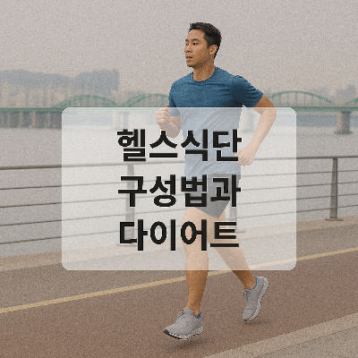 조깅 중인 남성과 강변 풍경 위에 '헬스식단 구성법과 다이어트' 문구가 중심에 배치된 건강 정보형 이미지