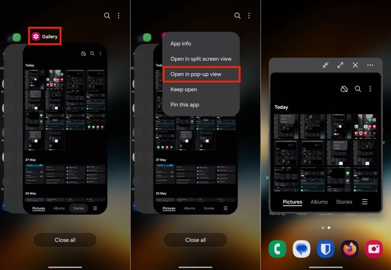 최근 메뉴 팝업 보기에서 앱 열기
