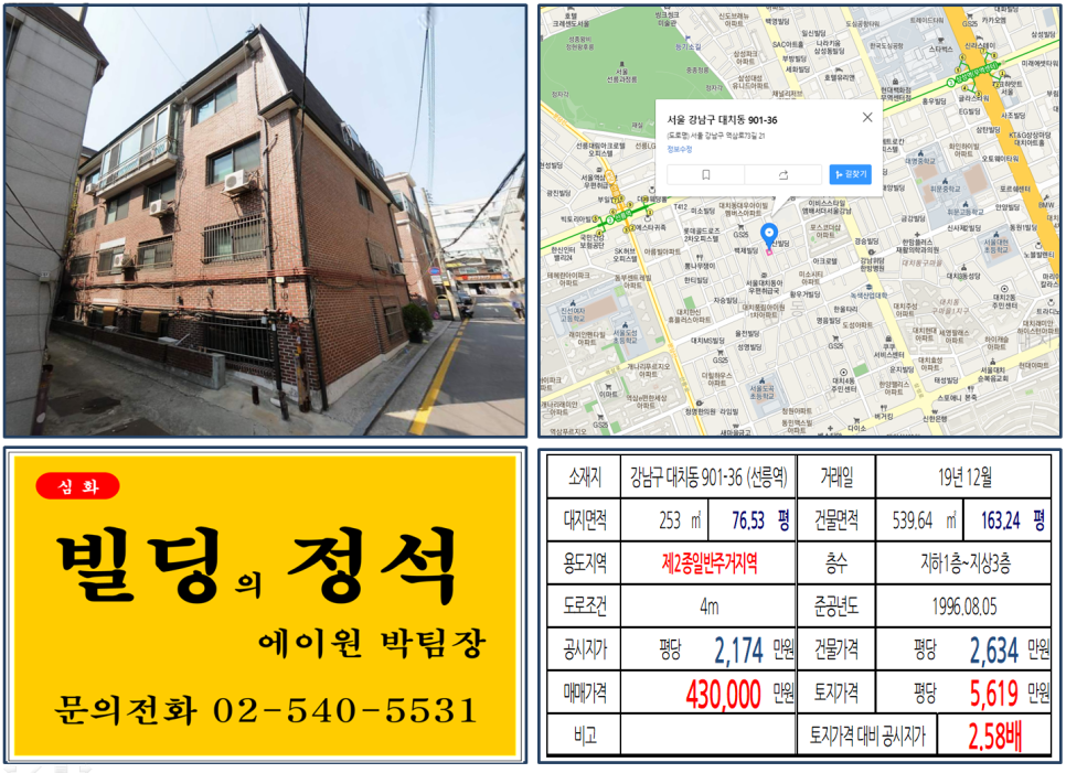  [강남구 대치동 학원가 꼬마빌딩 실거래가 조회] 대치동 901-36 (선릉역) 43억 원, 평당 5,619만 원, 대치동 30억 꼬마빌딩, 대치동구마을재개발지역, 선릉역 먹자상권