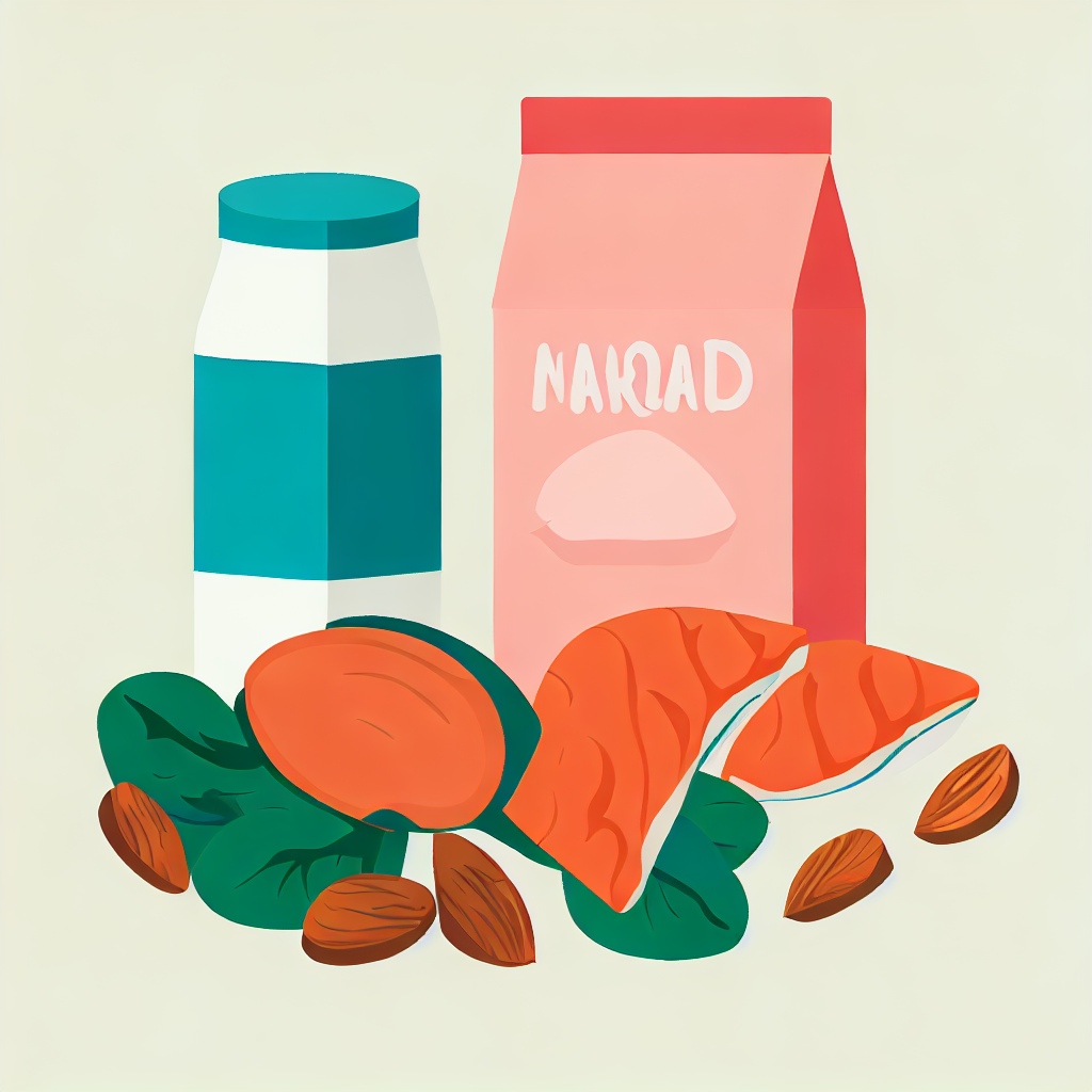 flat vector style image of a milk carton&#44; salmon&#44; spinach&#44; and almonds