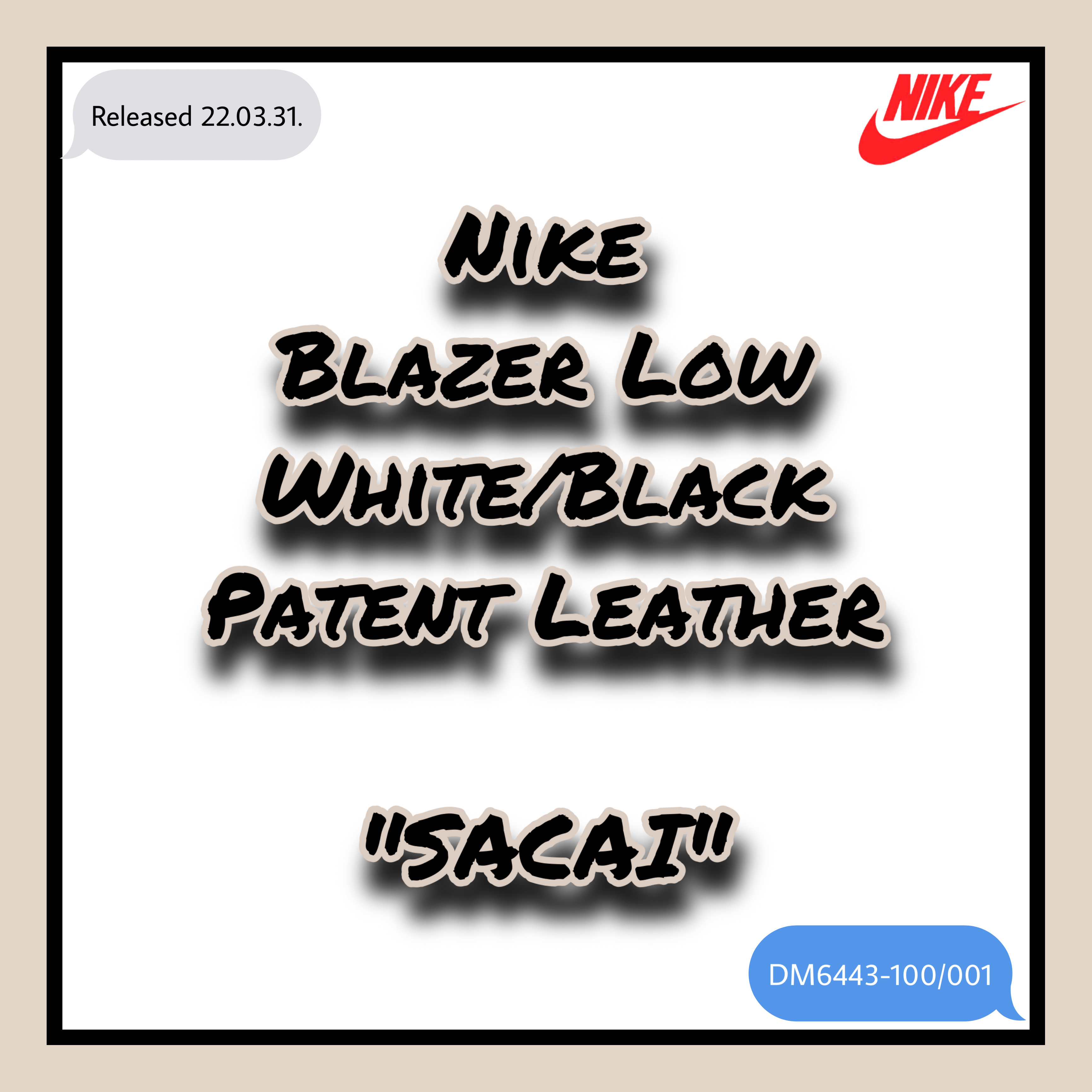 [선착순] Nike x Sacai Blazer Low White/Black Patent Leather (DM6443-100/001) - 나이키 / 블레이저 / 나이키 블레이저 / 사카이 / 나이키 공홈 / 선착순 구매 / 나이키 매니아
