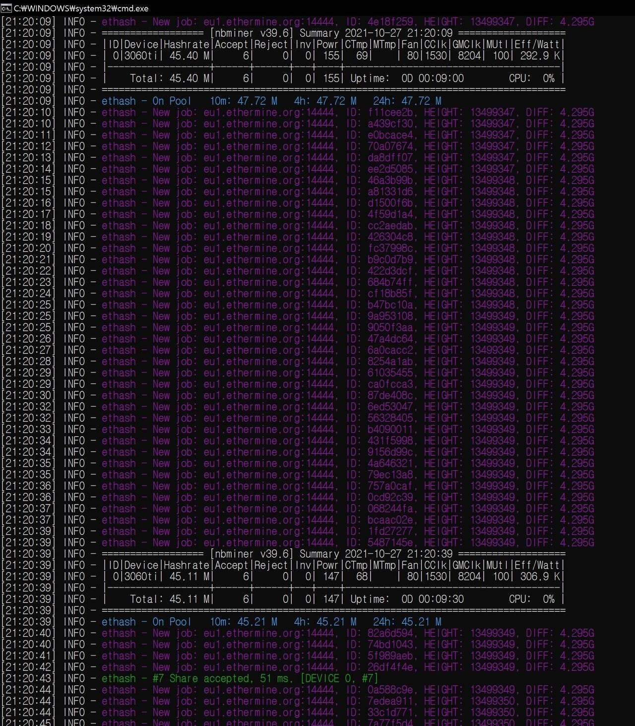  NBminer 최신버젼 39.6 LHR 언락 -74% 발표. 3060ti 테스트