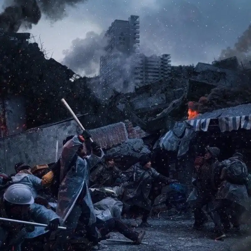 무너진 건물과 곳곳에 화재가 엄습한 도시를 배경으로 두 집단이 무기를 들고 서로 대치하는 영화 장면