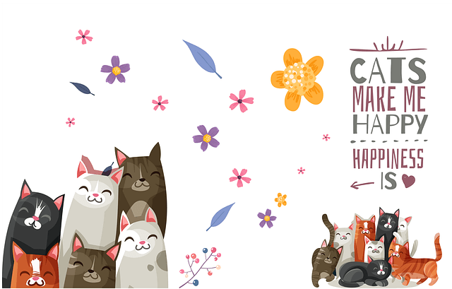 왼쪽엔 7마리의 고양이들, 오른쪽엔 6마리의 고양이들이 웃고 있다.