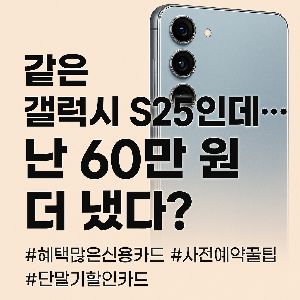 갤럭시 S25 엣지 할인 정보 썸네일 - 같은 제품인데 60만원 더 냈다는 문구와 함께 통신요금 할인, 단말기 할인 신용카드