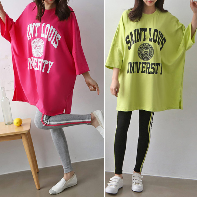  레터링 7부소매 박시 티셔츠 사이드 더블라인 레깅스 세트