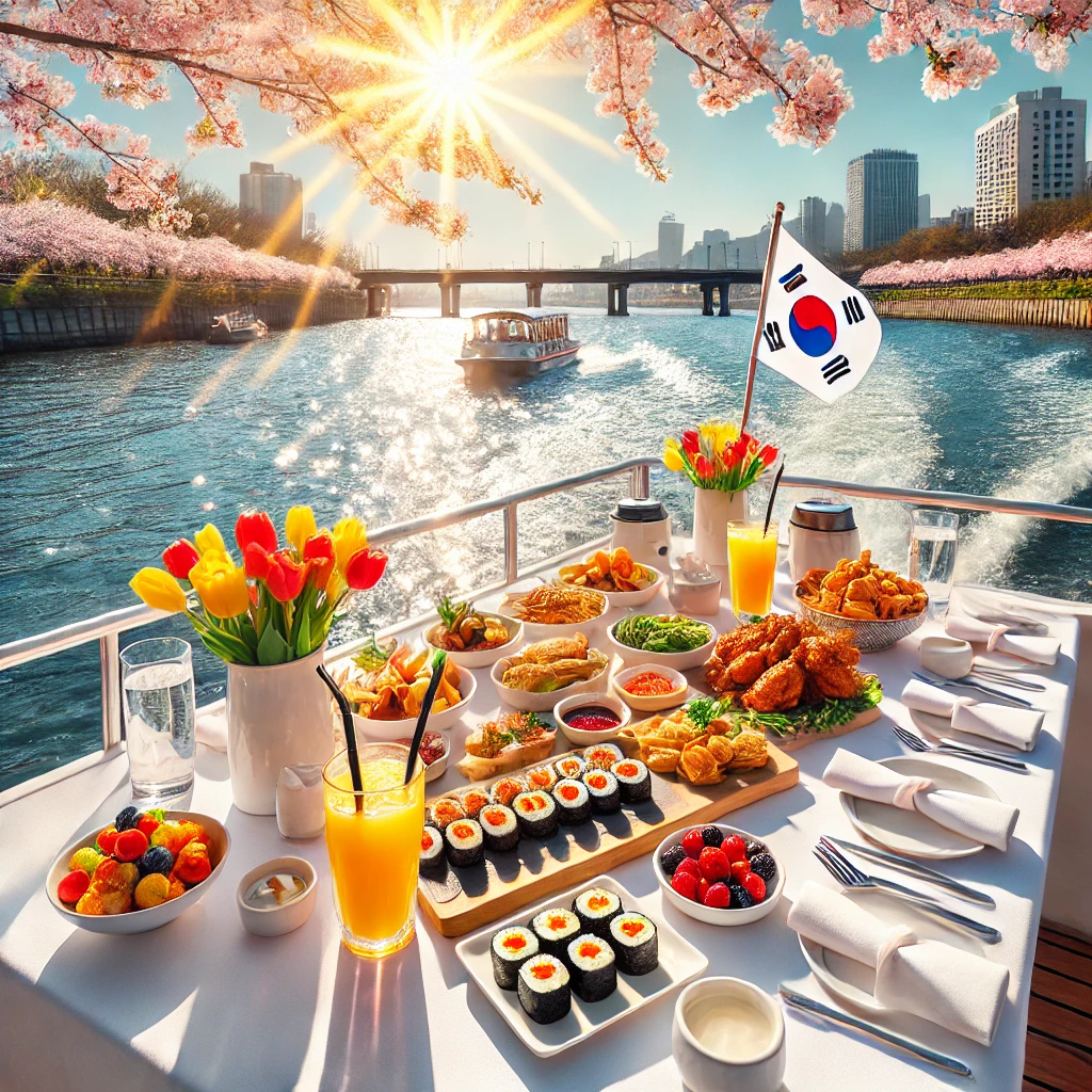 수상택시 위에서 즐길 수 있는 밝고 환상적인 음식 장면