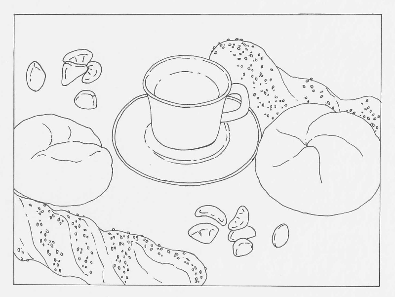 테이블 가운데 블랙 커피가 있고 주위에 빵과 과일 젤리가 있는 그림