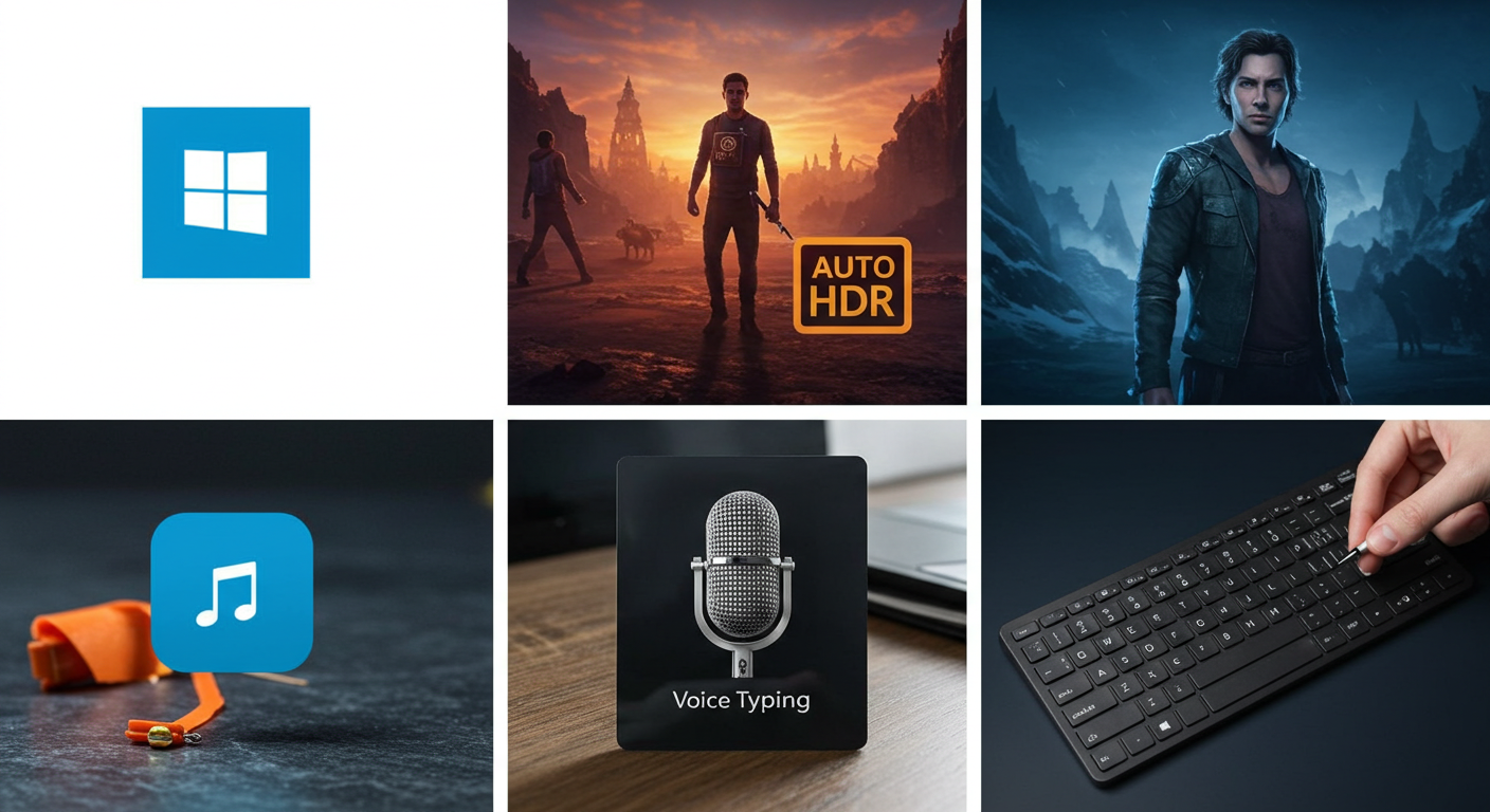 (Image Prompt: Collage showcasing icons or small screenshots related to other Windows 11 features: The new Microsoft Store icon, a vibrant game image with an 'Auto HDR' badge, a microphone icon (Voice Typing), and the redesigned touch keyboard layout. Style: Icon set or informative collage.)
