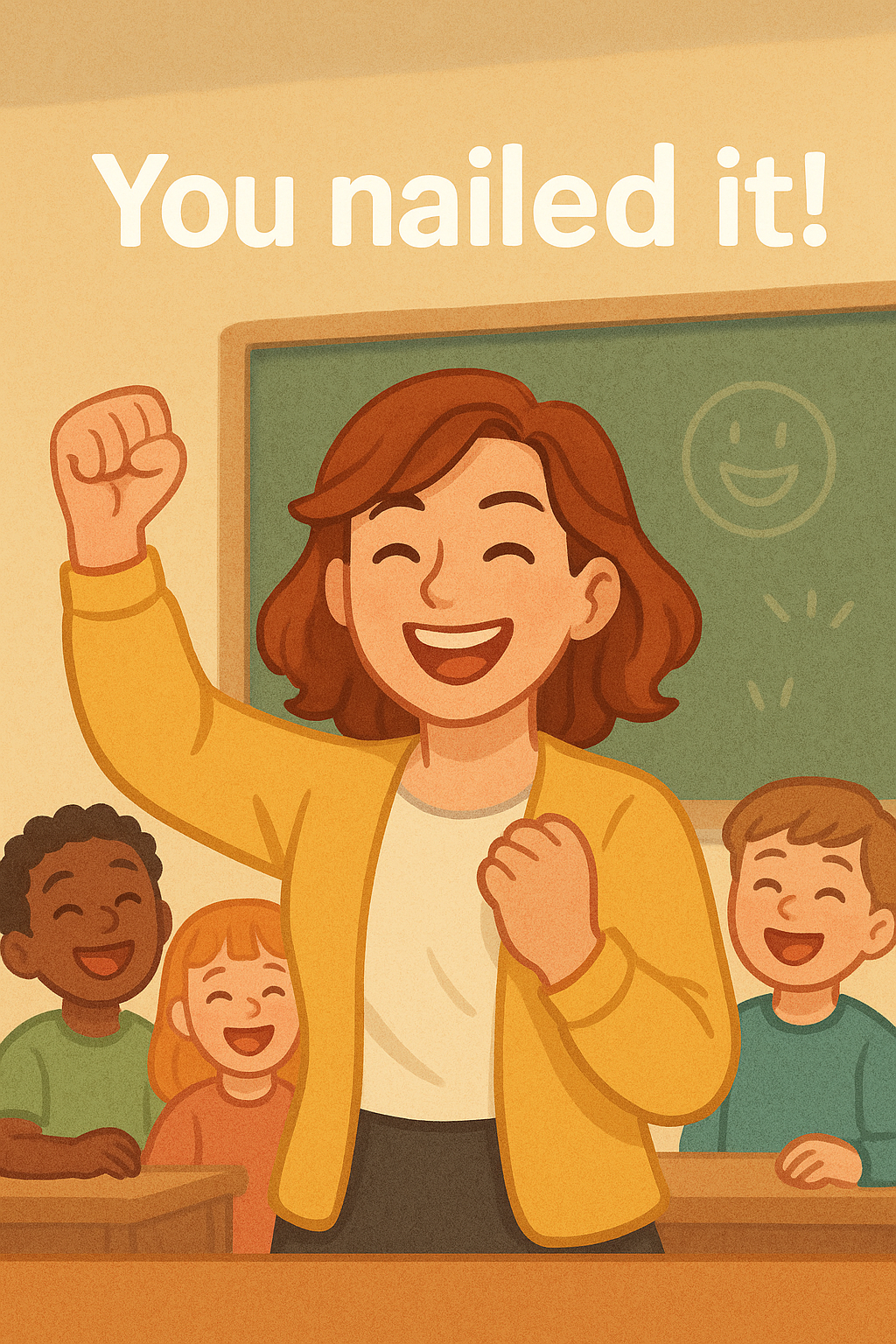 “‘You nailed it!’이라는 문장을 배경으로, 양손을 번쩍 들고 환하게 웃고 있는 여성 캐릭터가 그려진 일러스트. 성공의 기쁨과 자신감을 표현하는 밝고 에너지 넘치는 분위기의 이미지.”