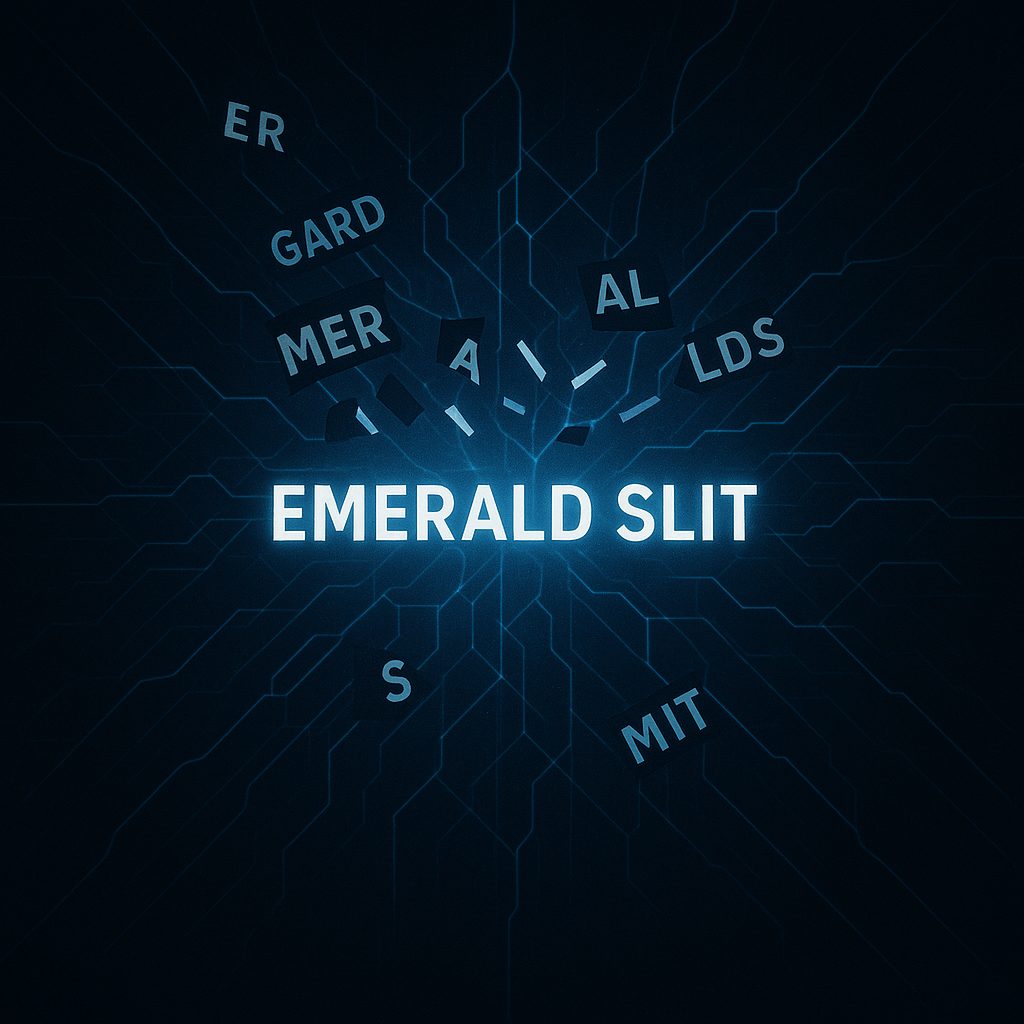 어두운 배경 위에 전기적 네트워크 패턴이 퍼져 있고, 흩어진 글자 조각들이 중앙의 EMERALD SLIT 텍스트로 하나로 모여드는 사이버보안 통합 이미지